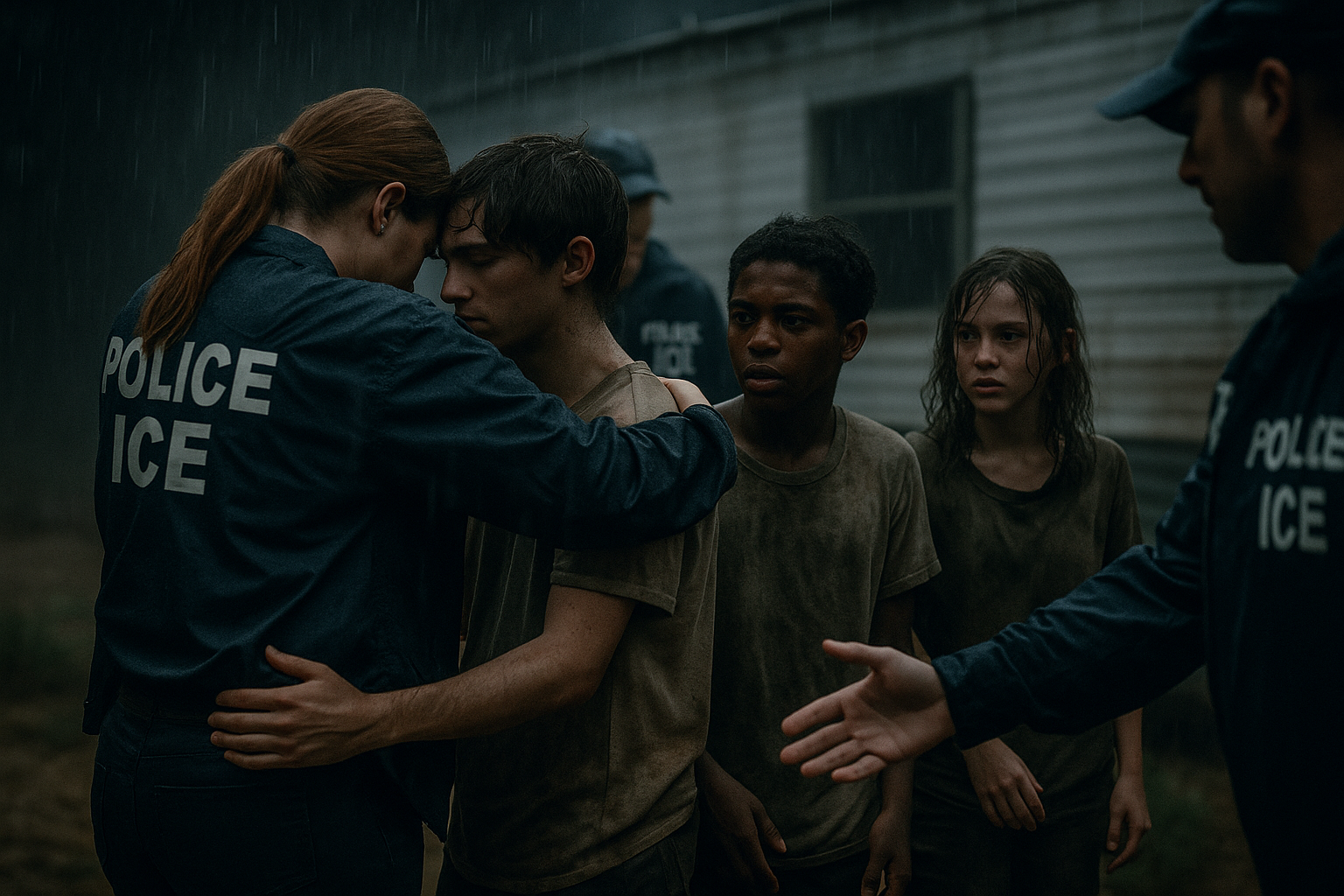 ICE agents rescuing children during Operation Renewed Hope, comforting and guiding them to safety outside a rundown mobile home in the rain