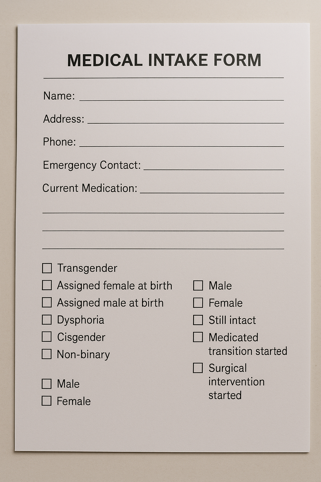Medical intake form showing gender identity and transition status checkboxes, highlighting how labels influence clinical treatment decisions