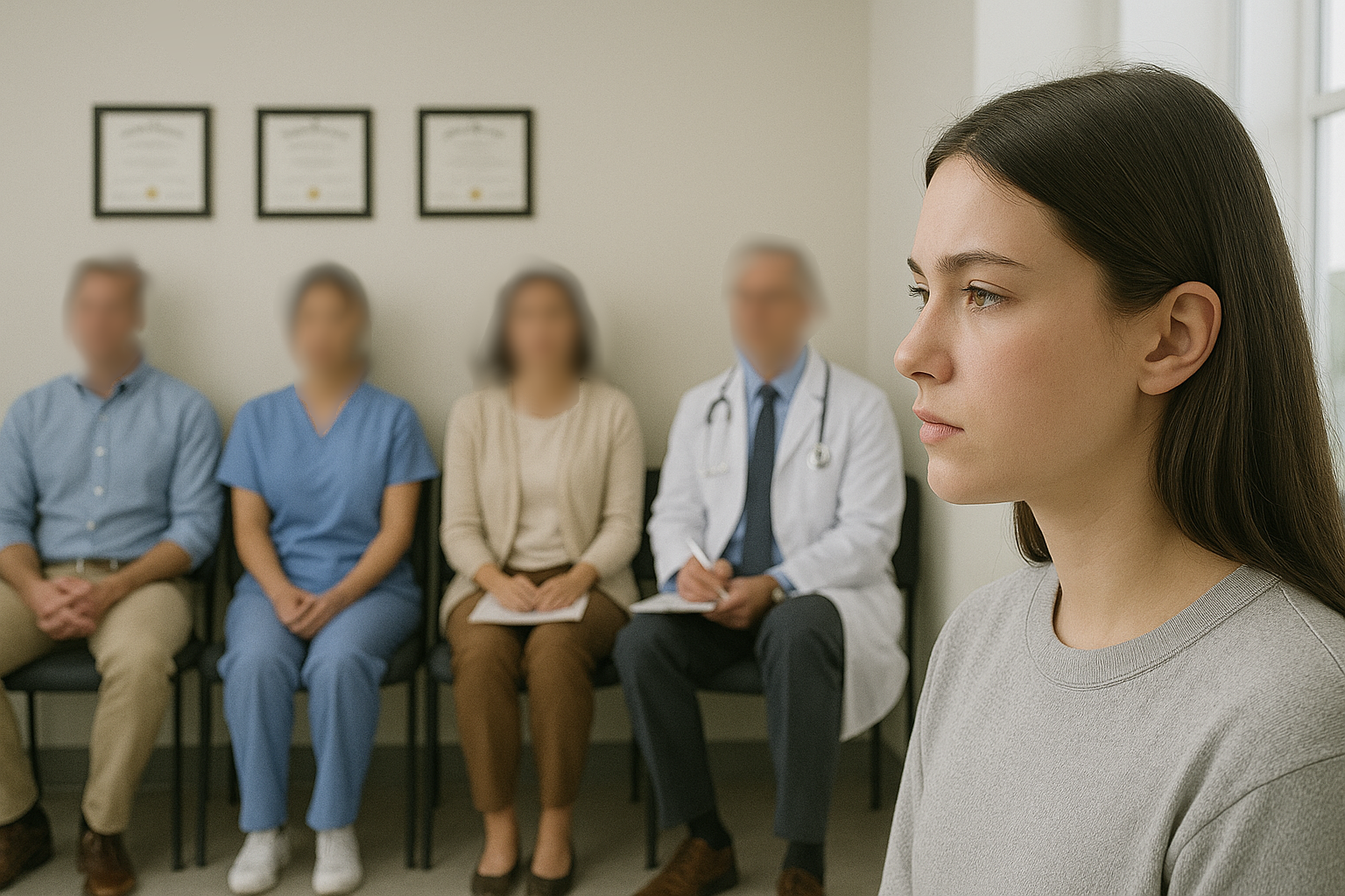 Focused individual in a doctor's office surrounded by blurred faces, symbolizing the isolation and uncertainty in gender identity diagnosis