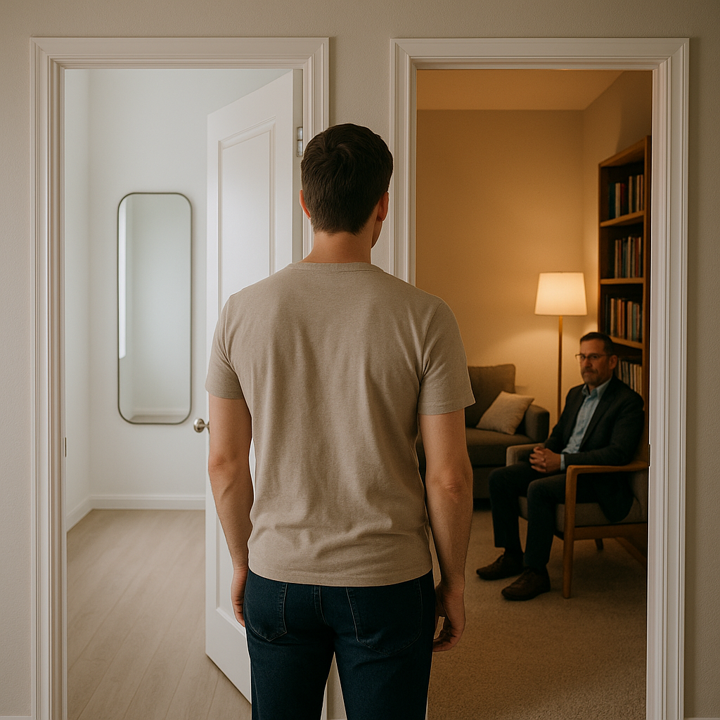 Person standing between two doors, choosing between affirmation and therapeutic care, representing a decision in gender dysphoria treatment
