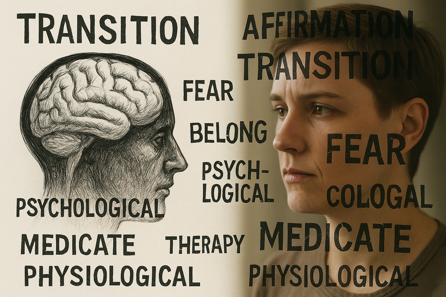 Self-Reflection and Science: Understanding Gender Dysphoria A person looking at their own reflection as a brain scan, symbolizing the balance between identity and science in gender dysphoria