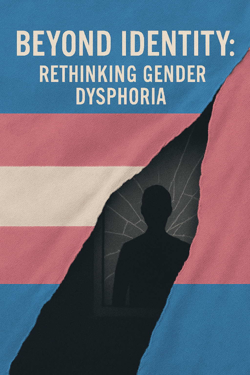 Silhouette staring into a broken mirror with transgender pride colors, symbolizing gender dysphoria and identity reflection