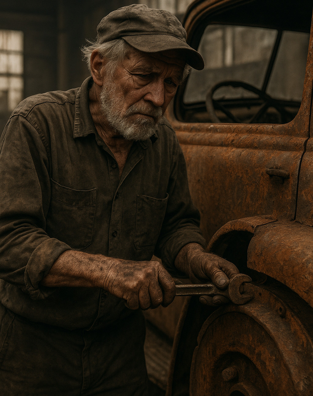 Elderly union worker fixing rusty car – abandoned by the system Elderly union worker repairing a rusty car in a factory, symbolizing neglect and abandonment by unions