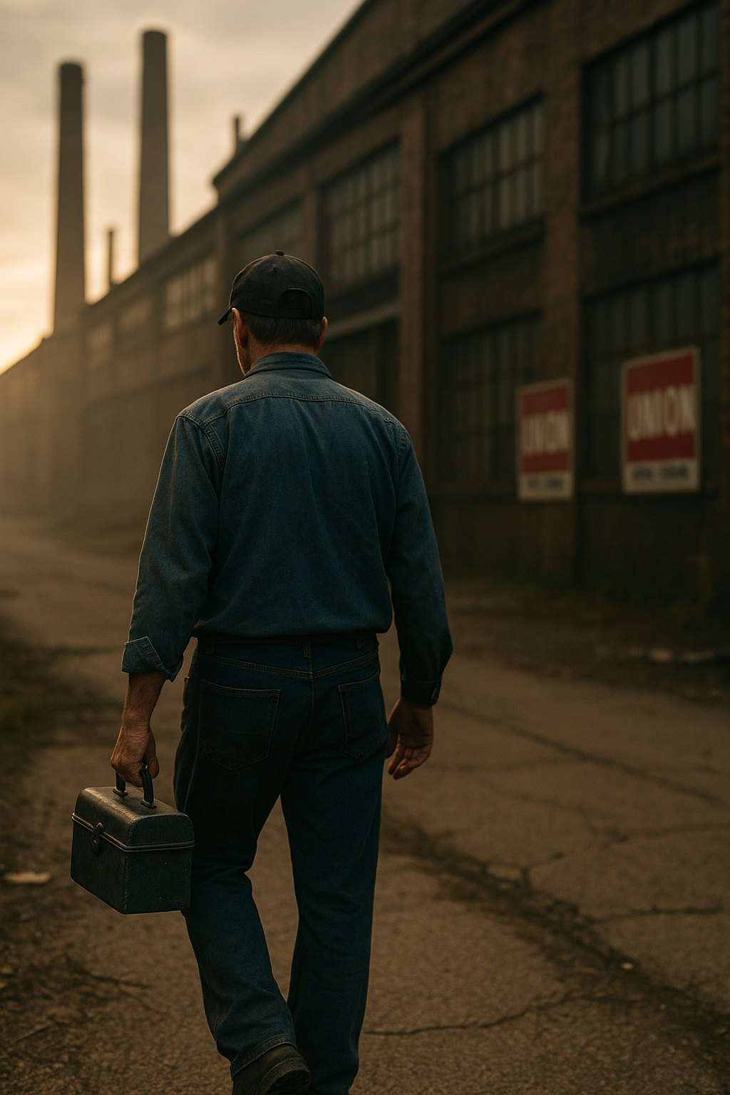 Crossing the line: a union worker walks alone Union worker walking away from factory alone after opting out, symbolizing social and professional isolation