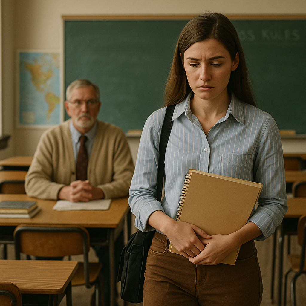 Seniority over Skill: When Unions Prioritize Time Served Over Talent Young female teacher leaving her classroom while an older teacher watches, symbolizing union seniority over performance
